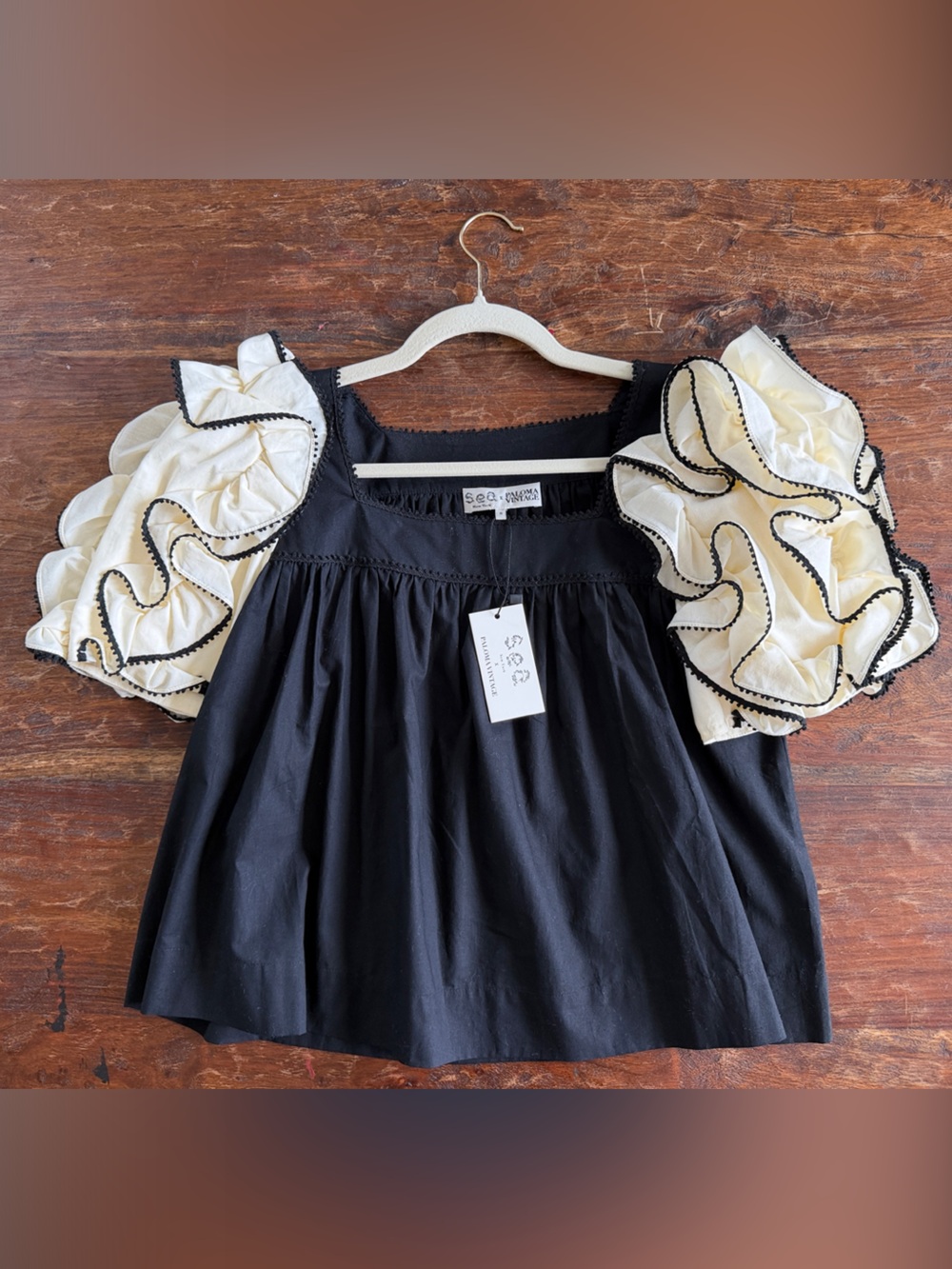 Sea x Paloma Vintage Black Top with Cream Ruffle Puff Sleeves